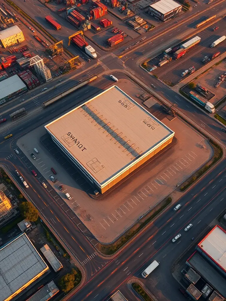 An aerial view of Shad1 Warehouse in Kurasini, Dar es Salaam, highlighting its strategic location near key transportation hubs and port facilities.